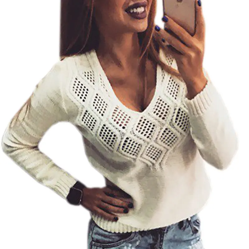 Women's Knitted Sweater V-Neck Hollow Out Pullover Sexy Casual Knitwear Jumper Long Sleeve Sweaters Top Gv462 7