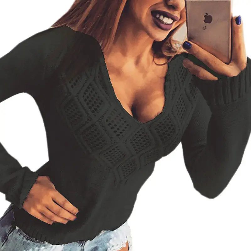 Women's Knitted Sweater V-Neck Hollow Out Pullover Sexy Casual Knitwear Jumper Long Sleeve Sweaters Top Gv462 8