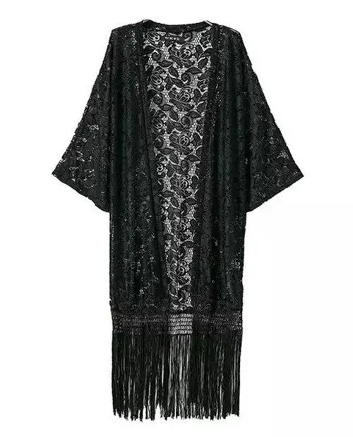 Women's Lace Crochet Embroidered Floral Kimono Cardigan Tassels Shirt Retro Black No Button Cape Blouse Tops Sunscreen 1