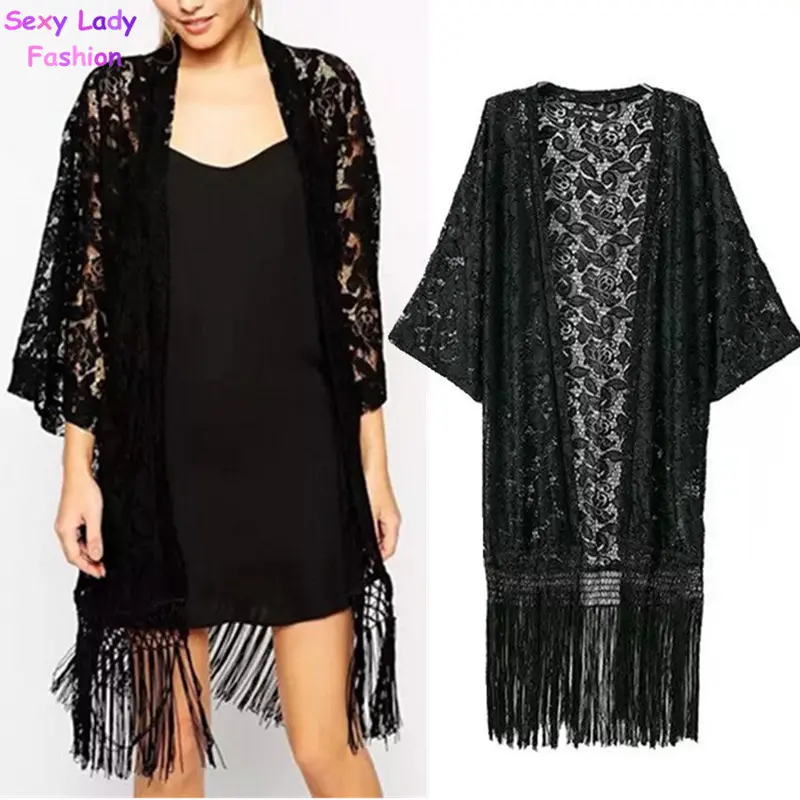 Women's Lace Crochet Embroidered Floral Kimono Cardigan Tassels Shirt Retro Black No Button Cape Blouse Tops Sunscreen 2