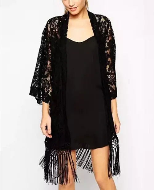 Women's Lace Crochet Embroidered Floral Kimono Cardigan Tassels Shirt Retro Black No Button Cape Blouse Tops Sunscreen 3