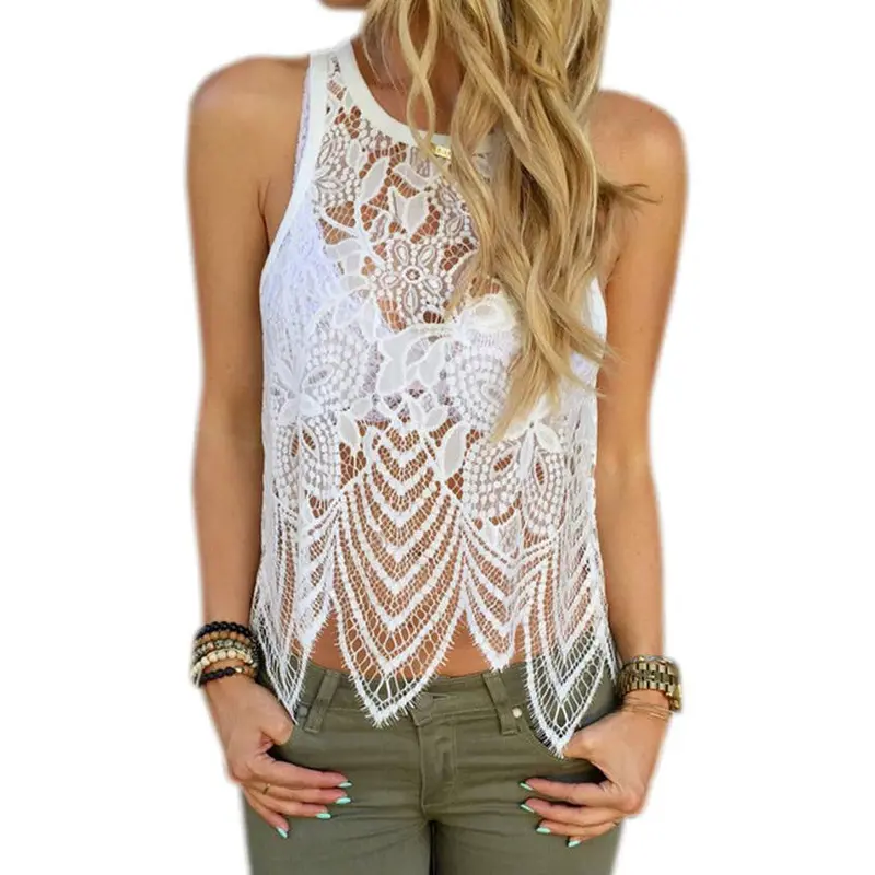 Womens Lace Crop Top Sexy T-Shirts Vests Blusas Hollow Out Lace Crochet Tank Top Camisole Lace Vcami Floral Tees Shirts 1