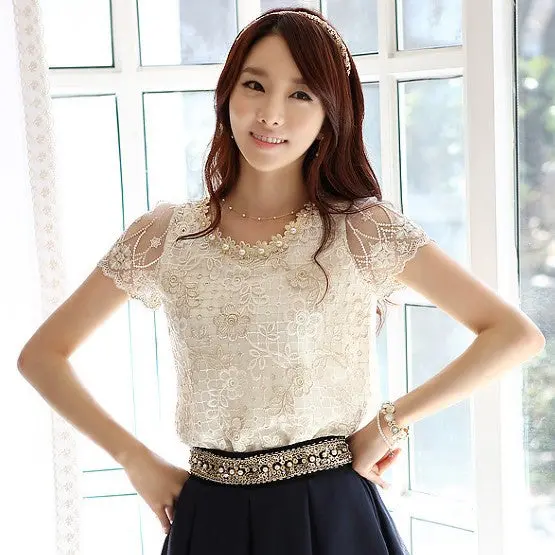 Women's Lace Tops Chiffon Shirts Beading Embroidery Blouse For Woman Lady Femininos Blusas J0569 1