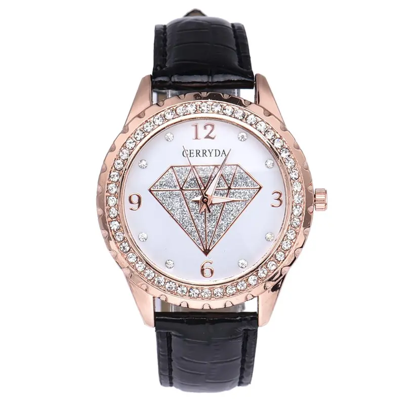 Women's Lady Girl Rhinestone Crystal Watch Leather Strap Analog Quartz Wrist Watch Smart Bling Bracelet Clock 1