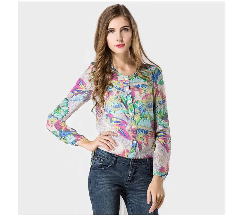 Womens Ladys Long Sleeve Sheer Print Chiffon Blouse Tops Blusa Manga Longa Feida 1