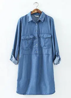 Women's Lapel Pockets On Front Casual Denim Shirt Dress Rolled Up Long Sleeve Short Mini Straight Dresses Tops 1
