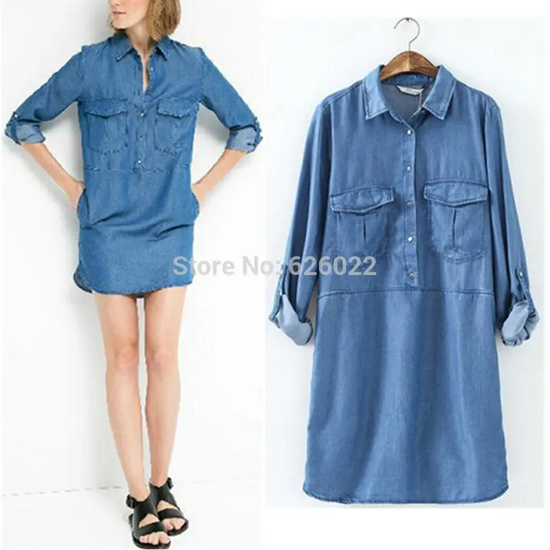 Women's Lapel Pockets On Front Casual Denim Shirt Dress Rolled Up Long Sleeve Short Mini Straight Dresses Tops 2