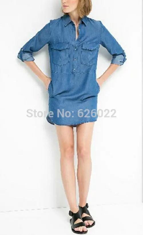 Women's Lapel Pockets On Front Casual Denim Shirt Dress Rolled Up Long Sleeve Short Mini Straight Dresses Tops 3