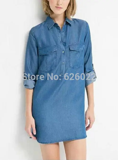 Women's Lapel Pockets On Front Casual Denim Shirt Dress Rolled Up Long Sleeve Short Mini Straight Dresses Tops 4