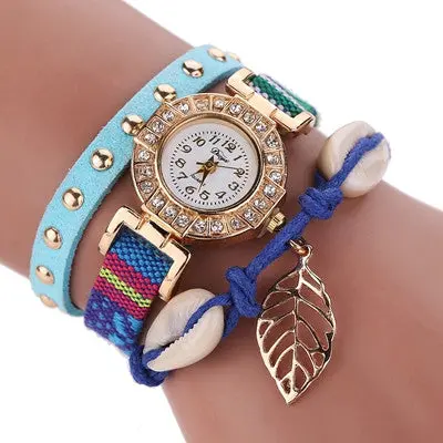 Womens Leather Strap Watches Women Braided Bracelet Quartz Wrist Watch Leaf Charm Dress Clock 2