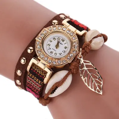 Womens Leather Strap Watches Women Braided Bracelet Quartz Wrist Watch Leaf Charm Dress Clock 3