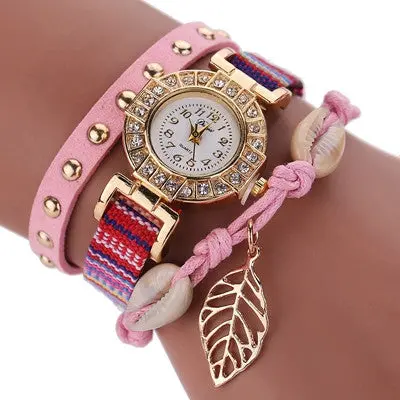 Womens Leather Strap Watches Women Braided Bracelet Quartz Wrist Watch Leaf Charm Dress Clock 4