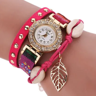 Womens Leather Strap Watches Women Braided Bracelet Quartz Wrist Watch Leaf Charm Dress Clock 5