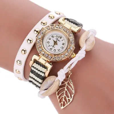 Womens Leather Strap Watches Women Braided Bracelet Quartz Wrist Watch Leaf Charm Dress Clock 6