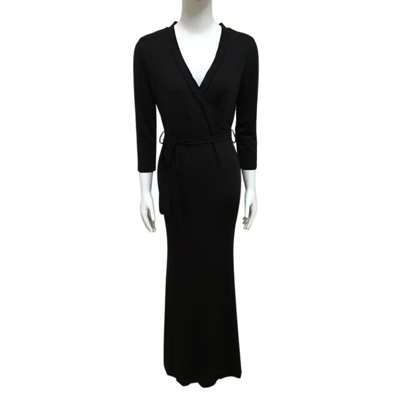 Women's Long Dress Vestidos Women Elegant Vintage Solid Plus Size Sexy Vneck 3/4 Sleeve Wrap Waist Maxi Dress 11