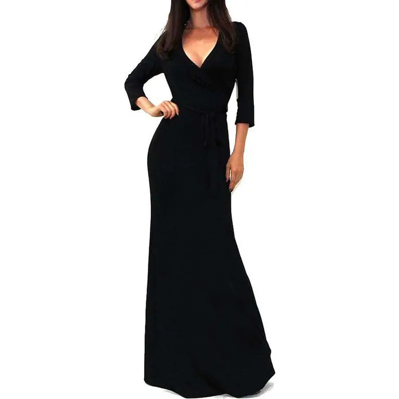 Women's Long Dress Vestidos Women Elegant Vintage Solid Plus Size Sexy Vneck 3/4 Sleeve Wrap Waist Maxi Dress 6