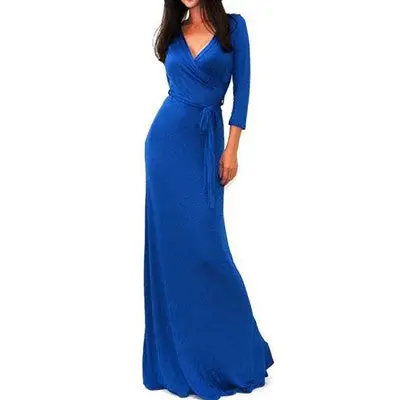 Women's Long Dress Vestidos Women Elegant Vintage Solid Plus Size Sexy Vneck 3/4 Sleeve Wrap Waist Maxi Dress 9