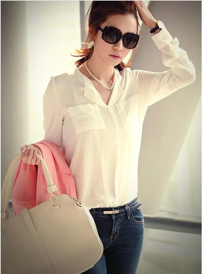 Womens Long Sleeve Ol Career Chiffon Button Down Shirt Top Office Black And White Shirt 1