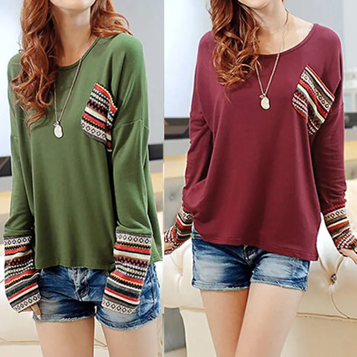 Womens Long Sleeve Round Neck Plaid Checked Loose Shirt Tops 1