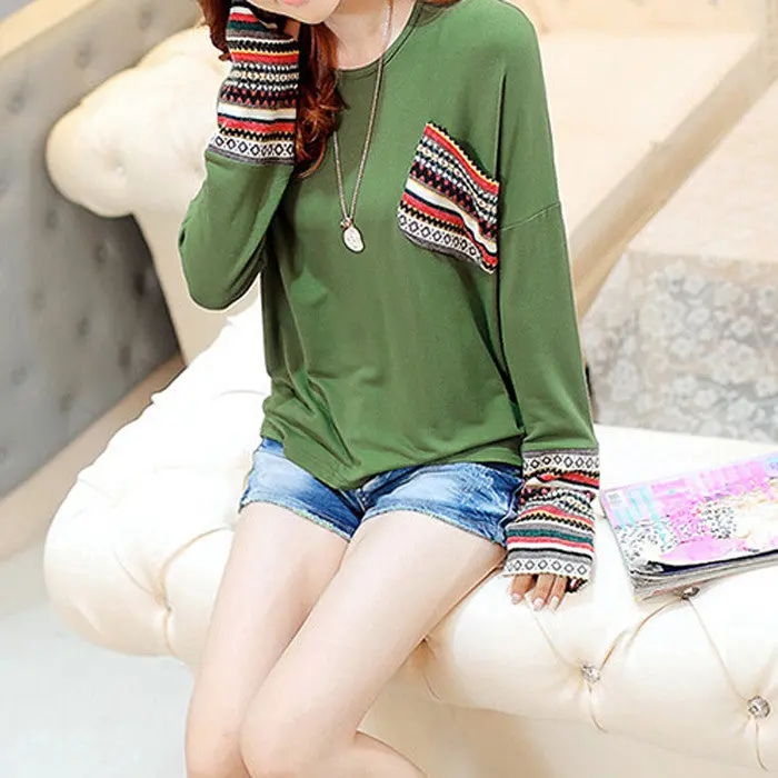Womens Long Sleeve Round Neck Plaid Checked Loose Shirt Tops 2