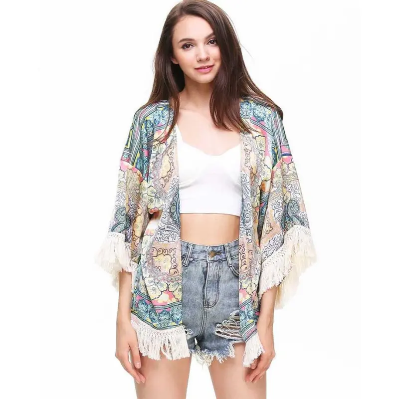 Womens Loose Tassel Cardigan Chiffon Blouse Casual Totem Print Kimono Jecket Tops Vestideo 1