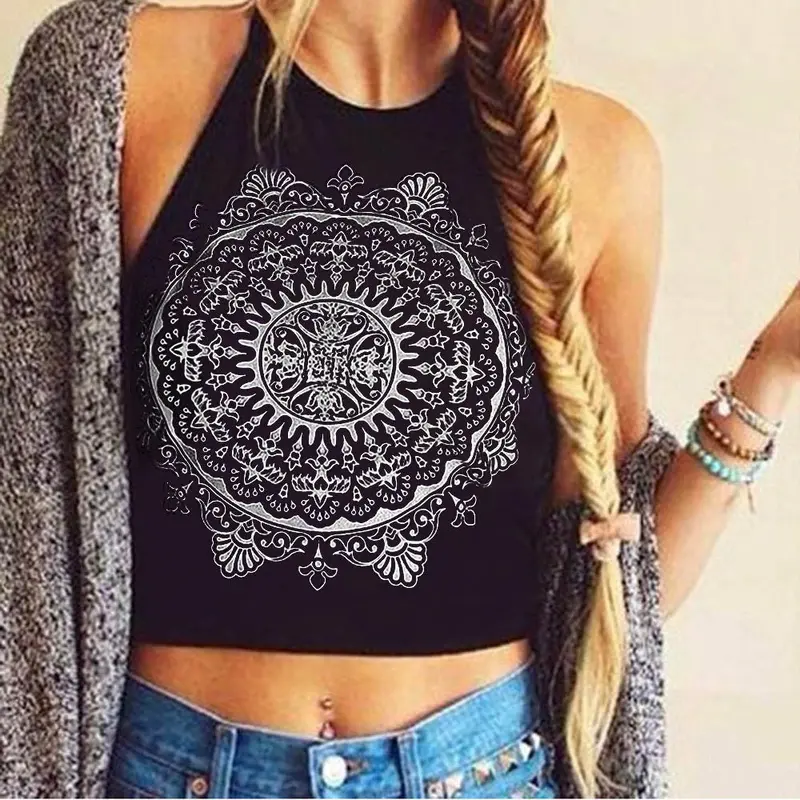 Womens Mandala Print Sleeveless Tank Tops Halterneck Crop Tops Casuals Casual Vest 3