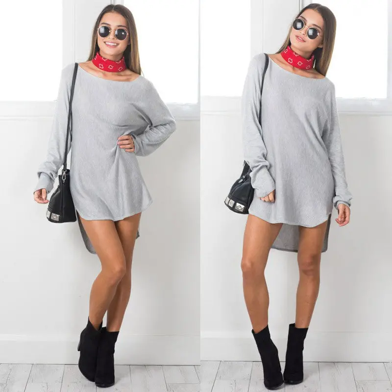 Womens Mini Dress Brief Solid Color Long Sleeve Loose Plus Size Casual Irregular Party Tunic Dress Vestidos M0512 1