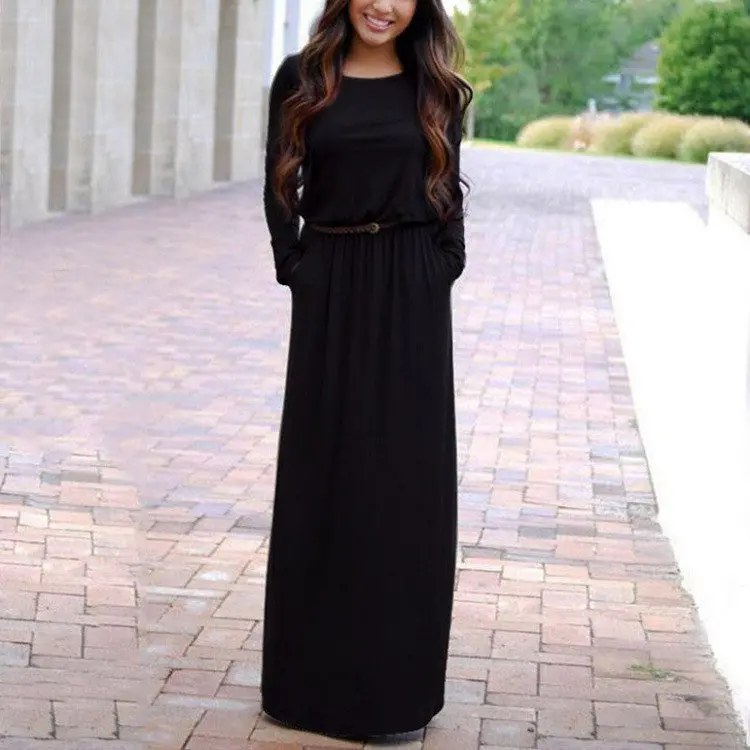 Women's O Neck Casual Maxi Dress Long Sleeve Sexy Club Dresses Party Solid Dress Vestidos With Belt Clothings Lx222 1