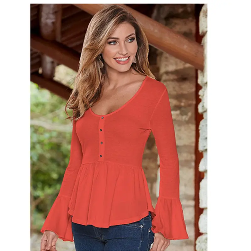 Women's O Neck Flare Sleeve Shirts Tops Plus Size Solid Asymmetric Hem Blouses With Button Lx048 5