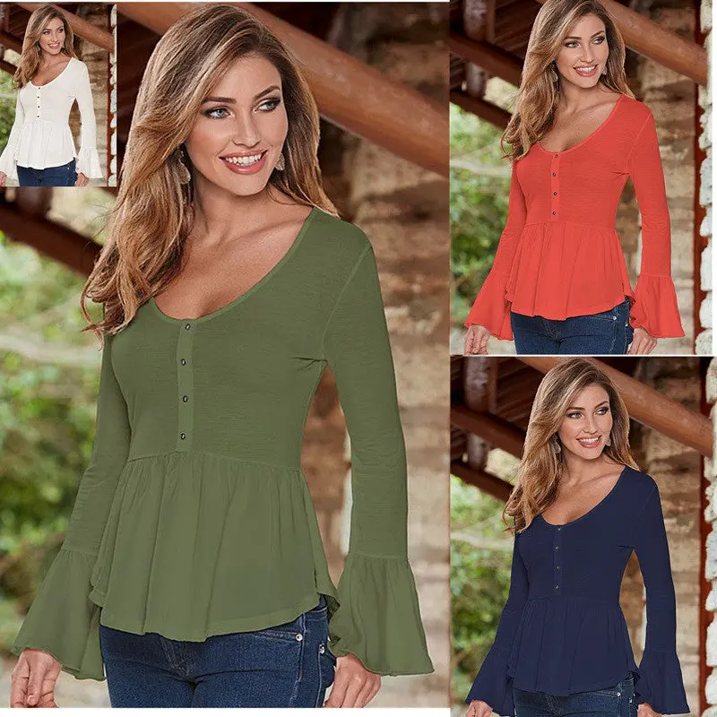 Women's O Neck Flare Sleeve Shirts Tops Plus Size Solid Asymmetric Hem Blouses With Button Lx048 6