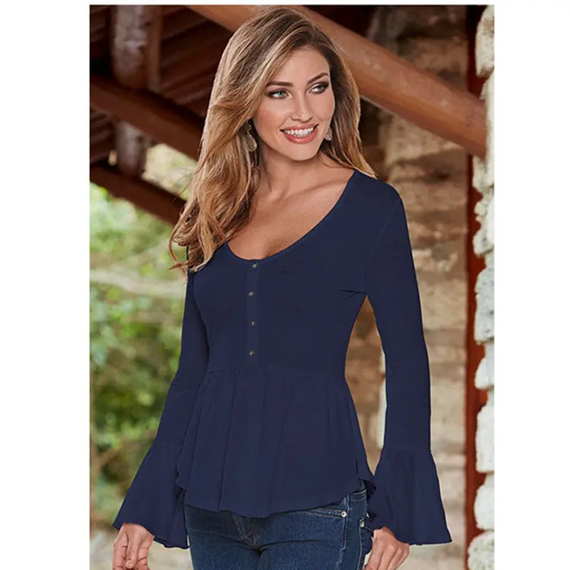 Women's O Neck Flare Sleeve Shirts Tops Plus Size Solid Asymmetric Hem Blouses With Button Lx048 7