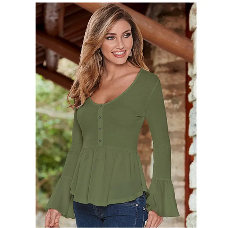 Women's O Neck Flare Sleeve Shirts Tops Plus Size Solid Asymmetric Hem Blouses With Button Lx048 9