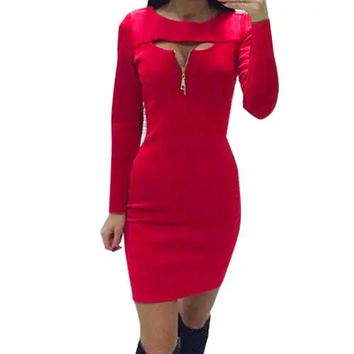 Women's O Neck Front Hollow Out Zipper Strechy Bodycon Mini Dress For Evening Party Vestidos Package Hip Lx017 4