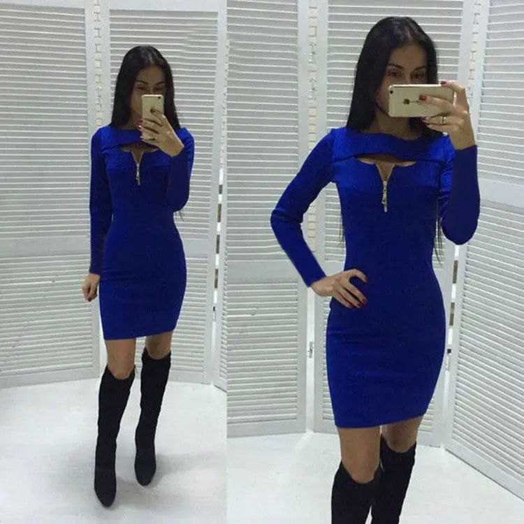 Women's O Neck Front Hollow Out Zipper Strechy Bodycon Mini Dress For Evening Party Vestidos Package Hip Lx017 5
