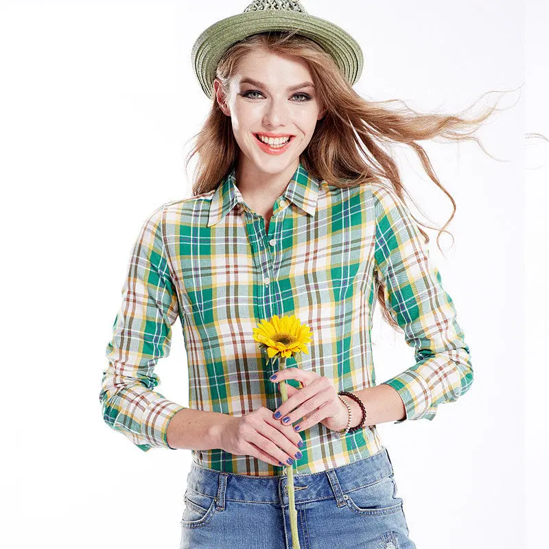 Women's Plaid Blouse Cotton Spirng Long Sleeve Blouse Lady Formal Blouse Tops Shirts Clothings 12