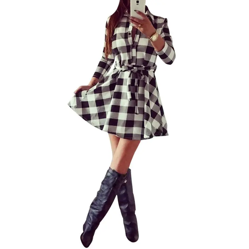Womens Plaid Romper Dress Ladies Party Mini Shirt Dress Lovely Dress Black Red 1