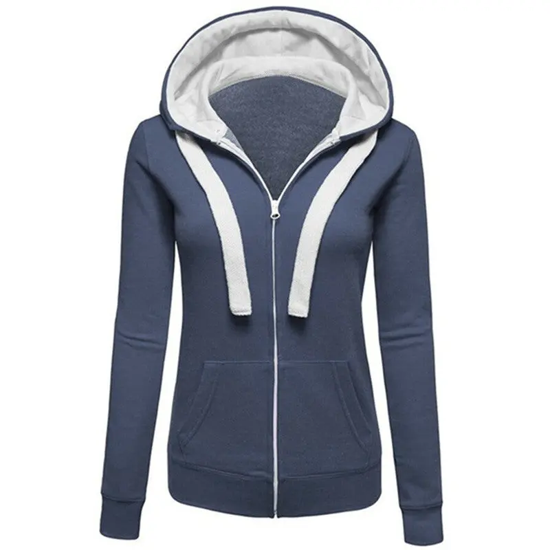 Womens Plain Hooded Jumper Jacket Fleece Long Sleeves Zip Top Warm Hoodie Sweatshirt Hooded Jacket Coat Clothing 4