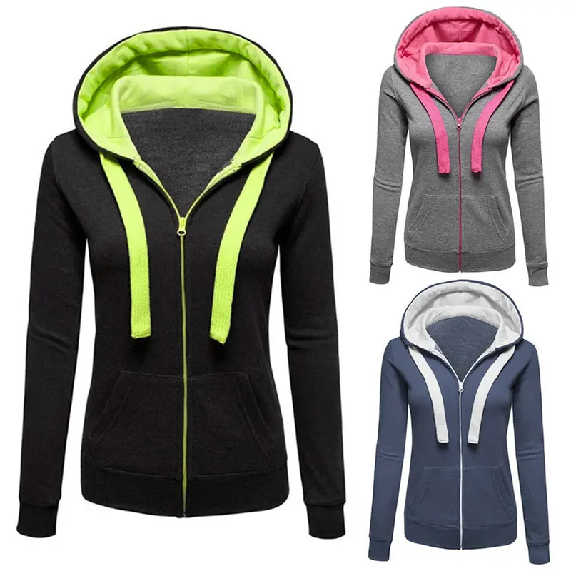 Womens Plain Hooded Jumper Jacket Fleece Long Sleeves Zip Top Warm Hoodie Sweatshirt Hooded Jacket Coat Clothing 5
