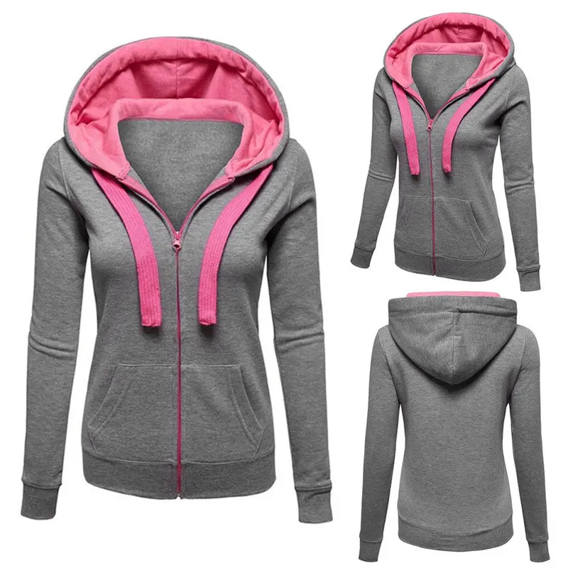 Womens Plain Hooded Jumper Jacket Fleece Long Sleeves Zip Top Warm Hoodie Sweatshirt Hooded Jacket Coat Clothing 6