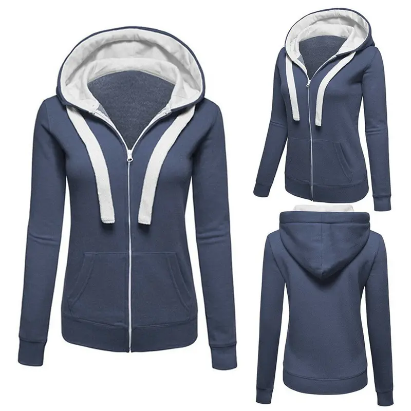 Womens Plain Hooded Jumper Jacket Fleece Long Sleeves Zip Top Warm Hoodie Sweatshirt Hooded Jacket Coat Clothing 7