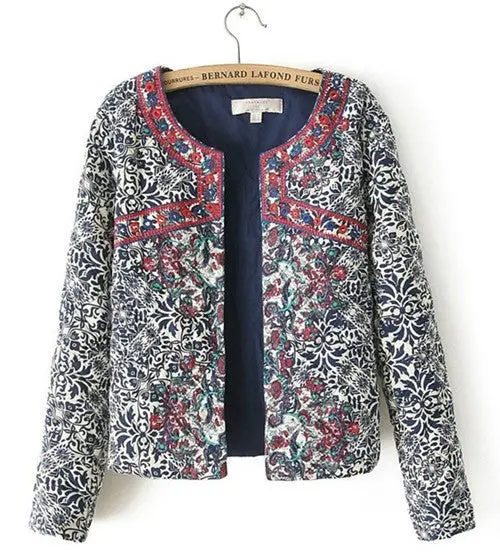 Women's Red Embroidery Contrast Floral Print Paisley Jacket Ladies O Neck Long Sleeve Quilted Thin Padded Coats Suits 1