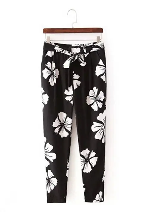 Women's Retro Black Color Contrast White Flower Print Slim Fit Casual Harem Pants With Sashes Long Trousers 1