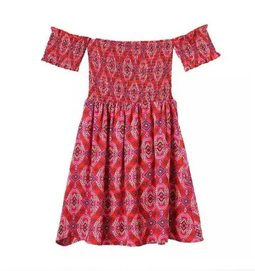 Women's Retro Boho Sexy Beach Dress Red Floral Geometric Print Strapless Off The Shoulder Pleated Mini Short Dresses Tops 1