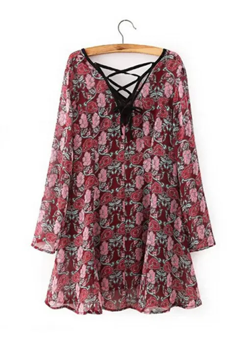 Women's Retro Ethnic Floral Print V Neck Back Strap Long Sleeve Chiffon Loose Two-Piece Dress Short Mini Dresses Tops 1