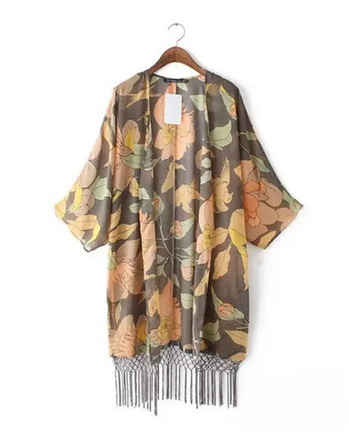 Women's Retro Ethnic Leaves & Flower Print Long Tassel Cardigan Kimono Shirt No Button Beach Blouses Tops Sunscreen 1