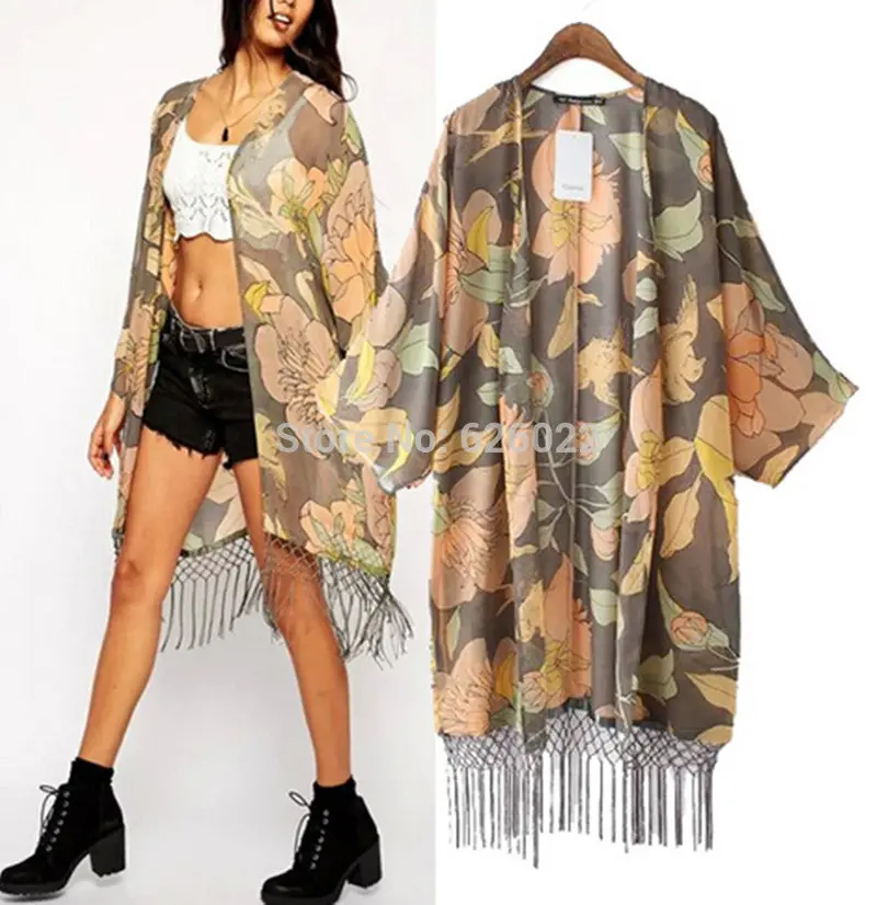 Women's Retro Ethnic Leaves & Flower Print Long Tassel Cardigan Kimono Shirt No Button Beach Blouses Tops Sunscreen 2