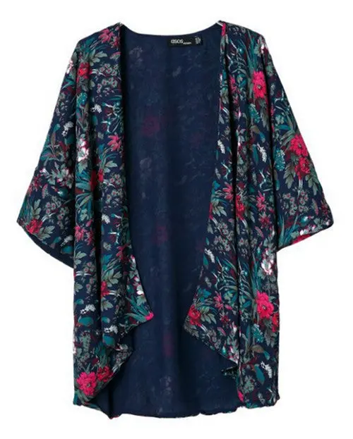 Women's Retro Flower Floral Print Dark Blue Bat Sleeve Loose Kimono Cardigan Blouse No Botton Shirts Tops 1