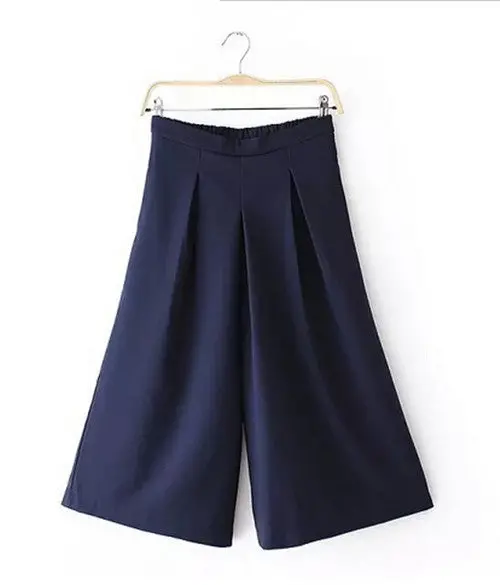 Women's Retro Wide Leg Pants Solid Color Elastic Waist Loose Capris Pants Ol Cropped Trousers Gaucho Blue Orange-Red 1