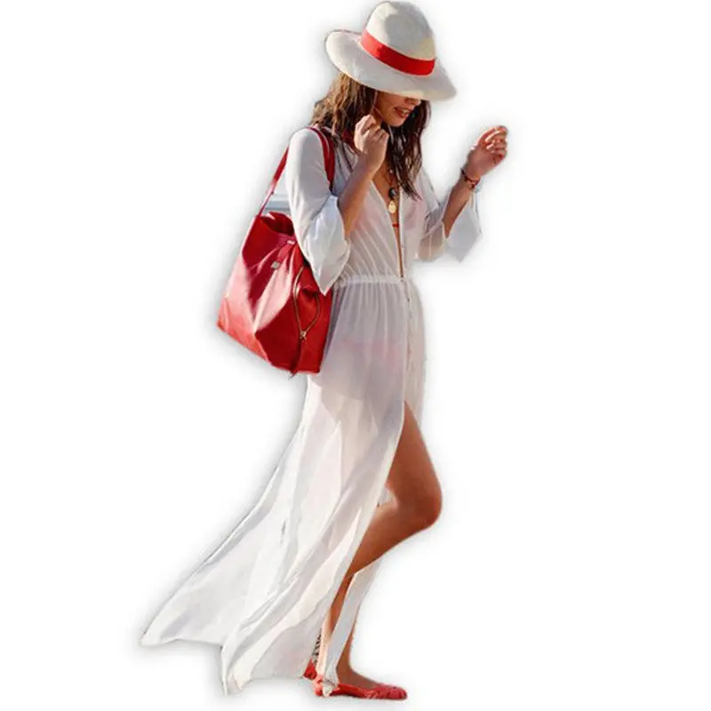 Women's Sexy Beach Cover Up White Beach Dress Long Bikini Cover Up Swimwear Pareo Beach Swimsuit Cover Up Sheer Dress 1