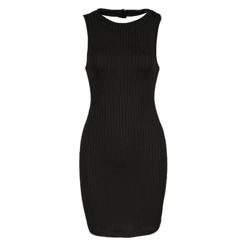 Womens Sexy Bodycon Dress Halter Back Cut Out Knitted Dress Slim Striped Mini Club Party Dress Sleeveless Robe 1